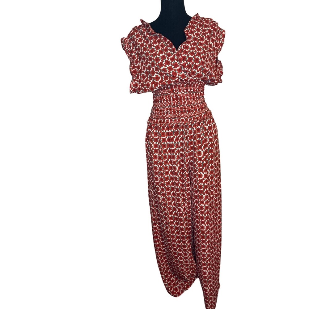 Max Studio Red Print Crepe Wide‎ Leg Smocked Bodice Ruffle Trim Jumpsuit LG NWT